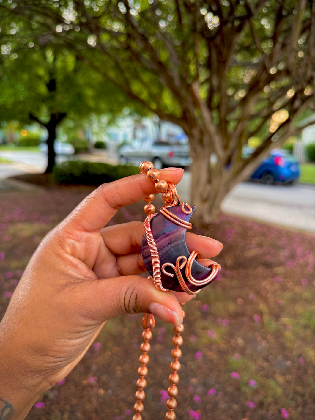 Purple Fluorite Crescent Moon Necklace